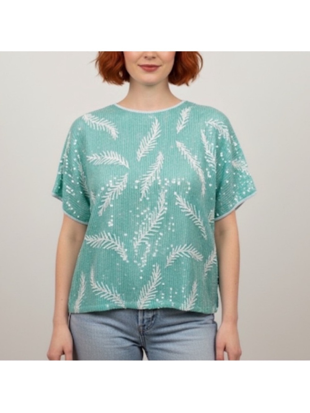 Vintage 80s Sequin Blouse Mint Green Size Medium Floral Leaf Design Silk